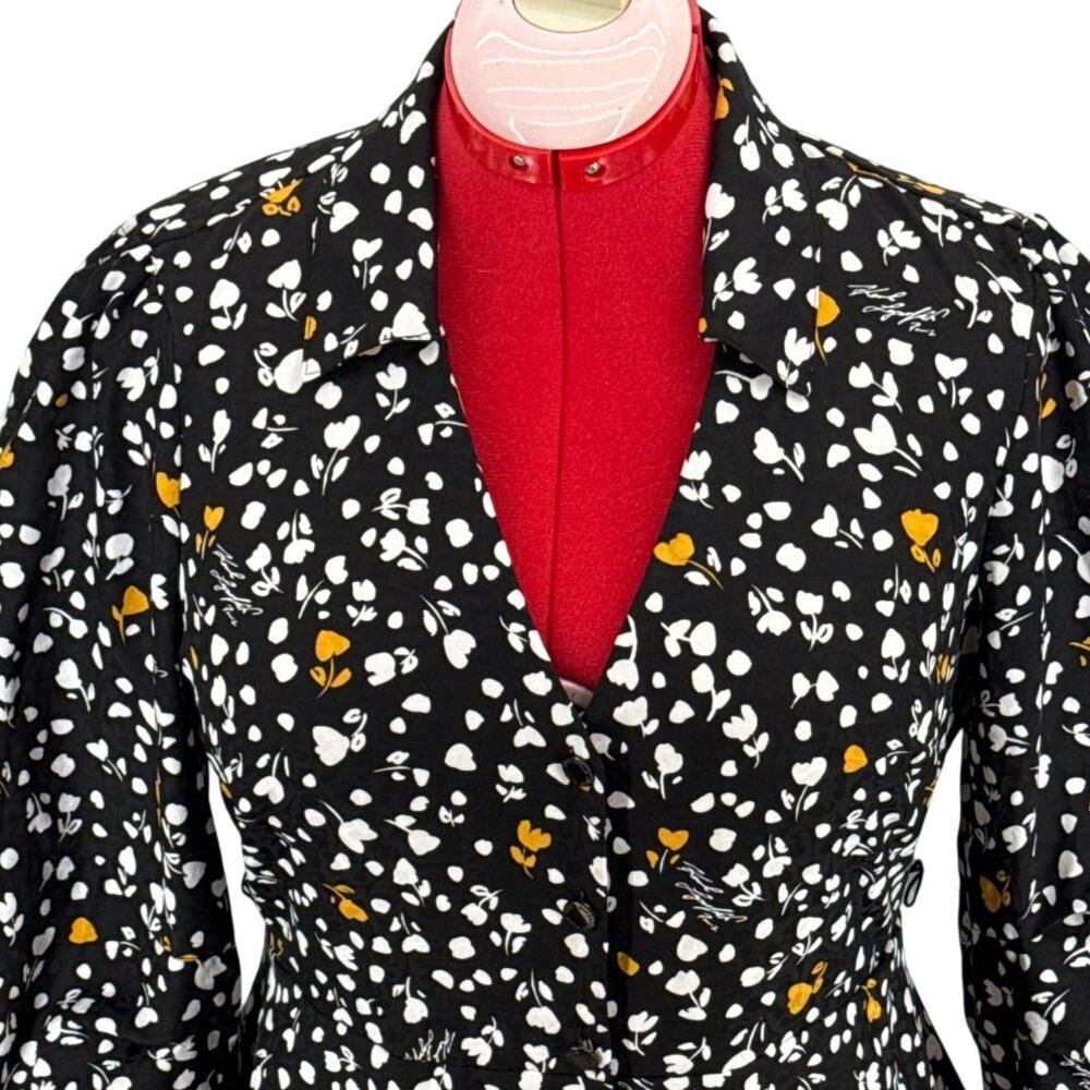 Karl Lagerfeld Black Floral Sheer Long Sleeve Crepe Button Shirtdress Women 10 - Picture 2 of 9